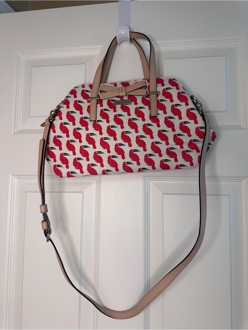 kate spade Cream Satchel with Red Bird Print and Tan Trim